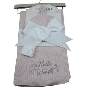 Bonbini NY Baby Blanket Hat Set Hello World Pink Knit Infant Girl 0-6 m NWT RARE